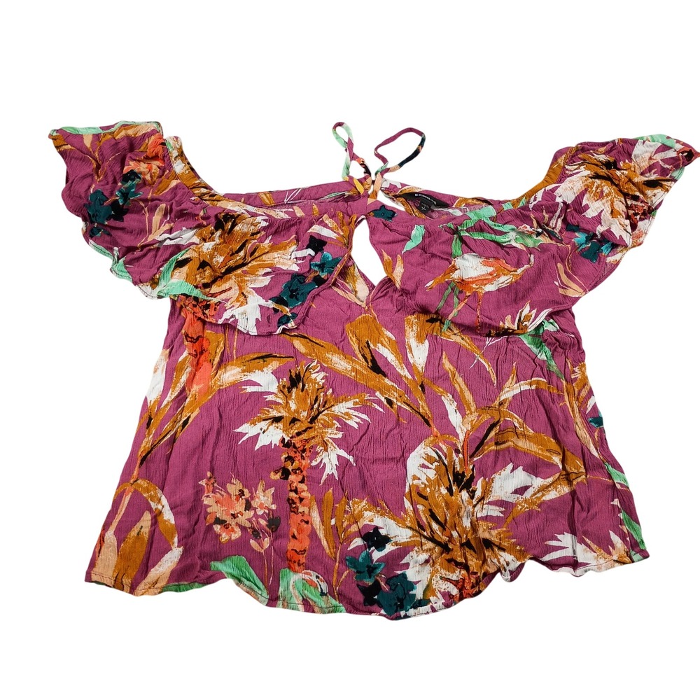 Express Cold Shoulder Blouse Women Small Pink Floral Good Ruffle Tropical Boho